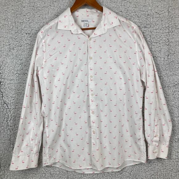 Bar III Organic Cotton Button Shirt Mens L 16 White Pink Flamingos Long Sleeve - Picture 2 of 10